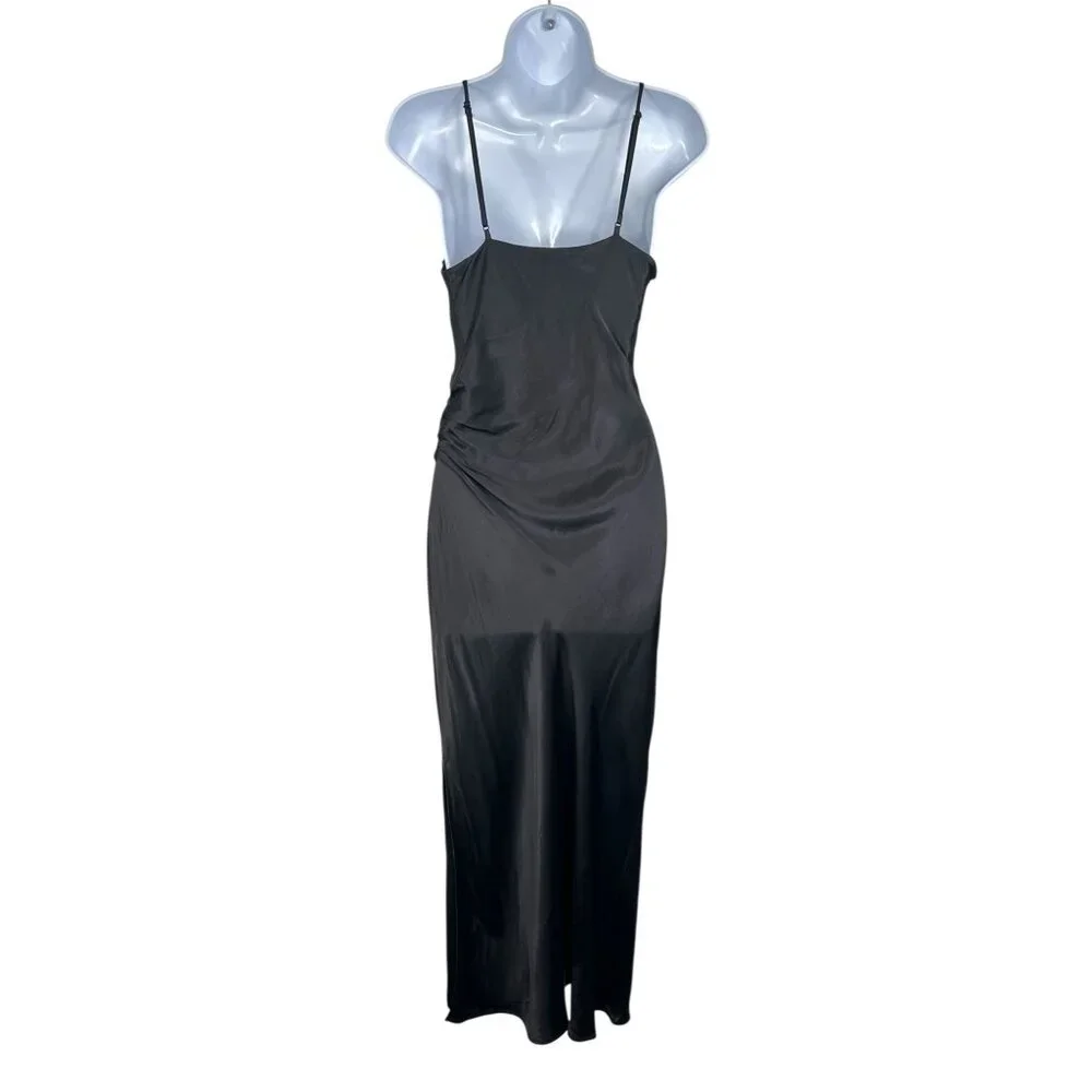 Zara Side Ruched Midi Slip Dress Satin Effect Black Straps Sleek Party Small - Picture 13 of 16